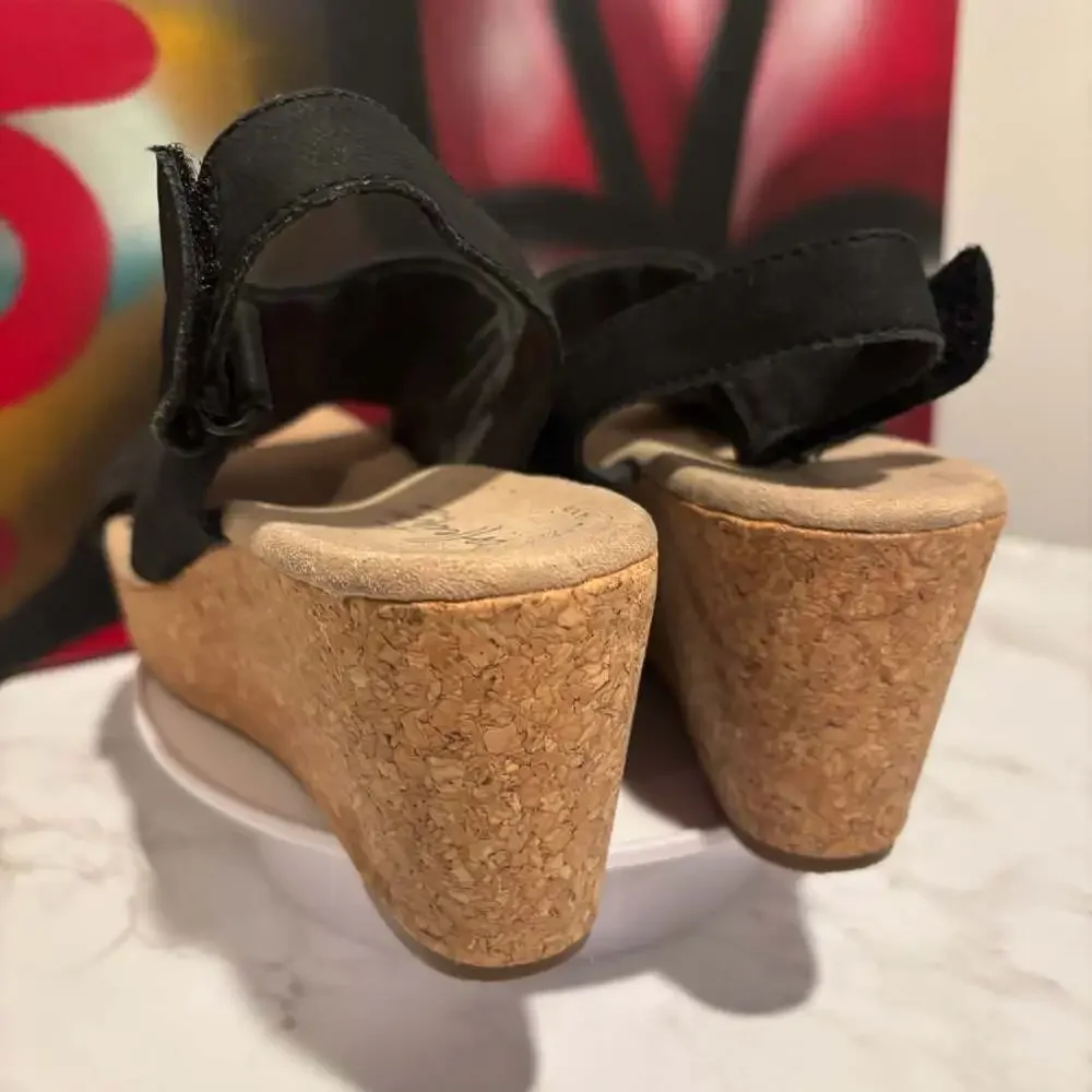 Clarks Annadel Bari wedges cork sandals, Black Nubuck US 8.5